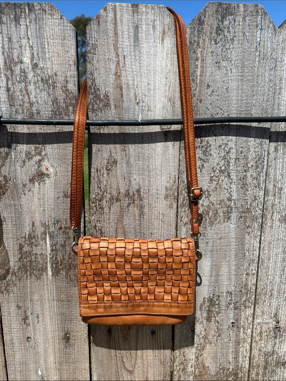 Source Unknown Woven Leather Crossbody in Cognac